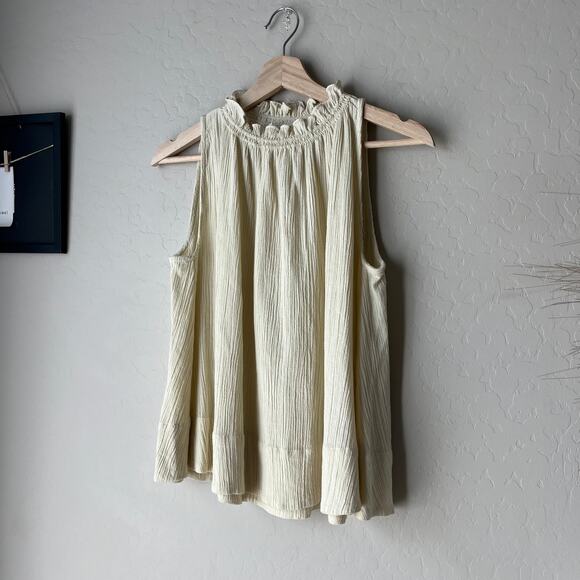 Suzie Kondi Cream Textured Cotton Ruffle High Neck Sleeveless‎ Top Size Small - Picture 2 of 8
